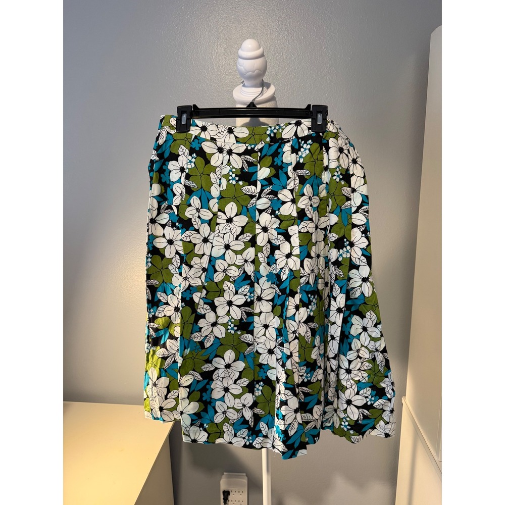 Kim Rogers Signature Floral A-Line Skirt Green Teal White Cotton Size 12